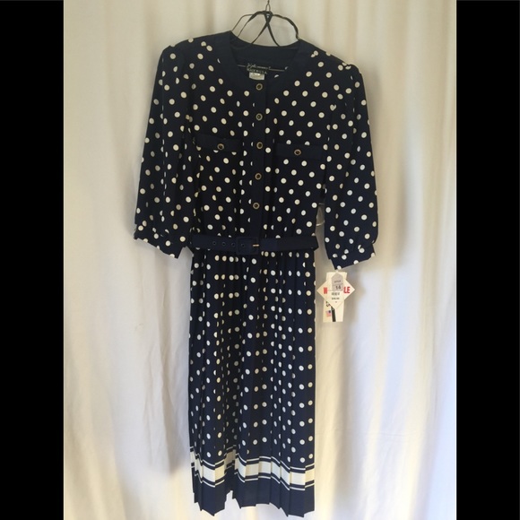 Berli Dresses & Skirts - NEW Vtg Breli navy blue polkadot pleated dress